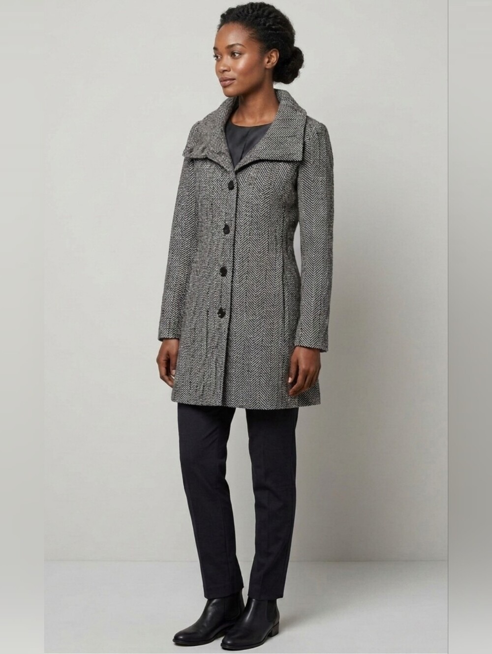 Merona Black & White Herringbone Tweed Pea Coat Small